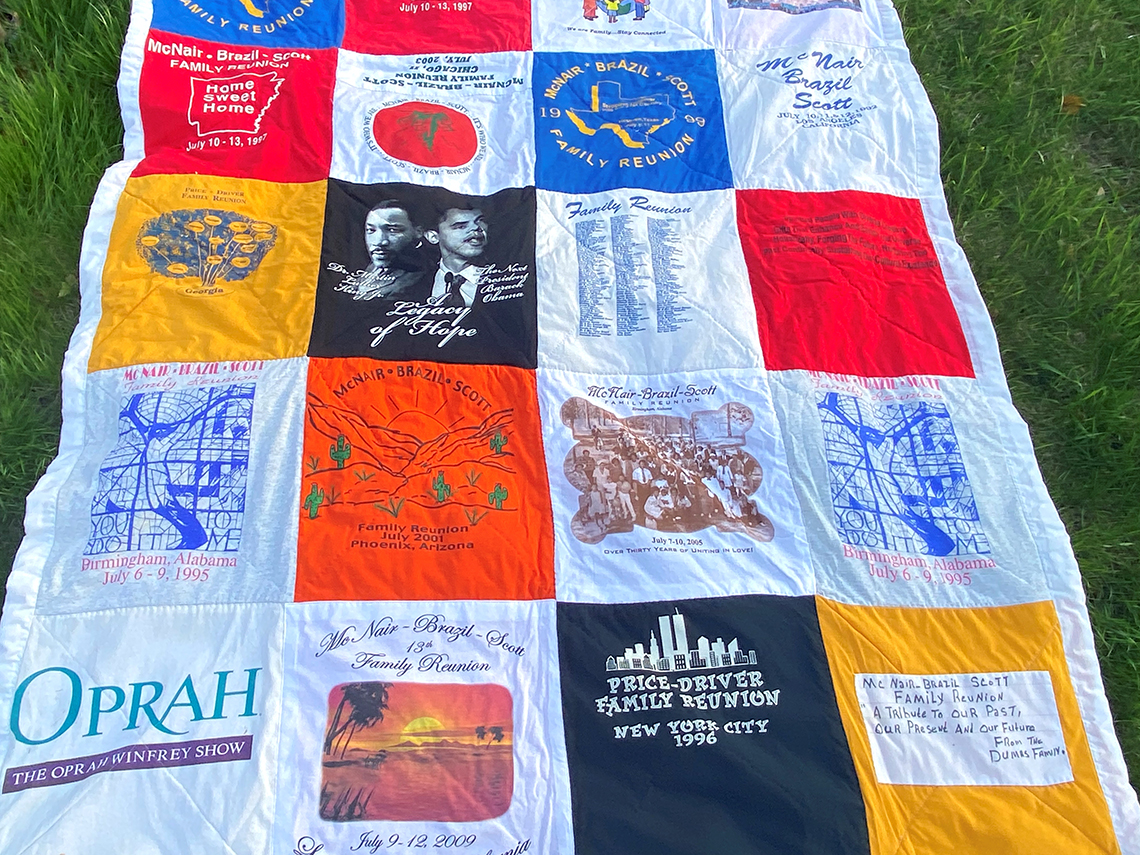 tyrone p dumas had a commemorative quilt made from several reunion t shirt designs for mcnair brazil scott family reunions