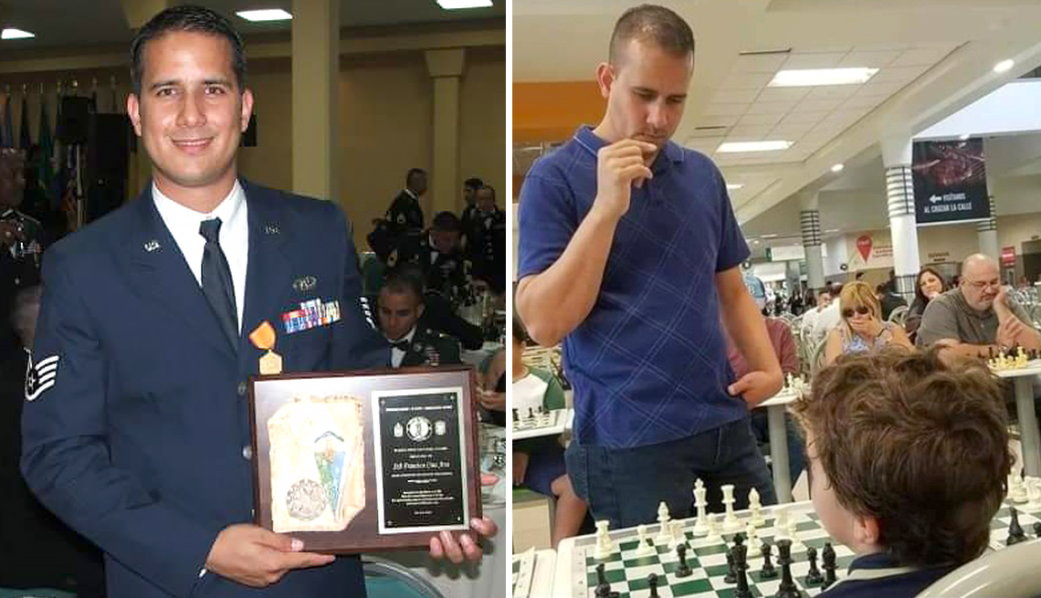 En la imagen de la izquierda, Francisco J. Cruz Arce vistiendo su uniforme de la Fuerza Aérea de EE.UU. A la derecha está enseñando ajedrez a un niño durante un torneo.