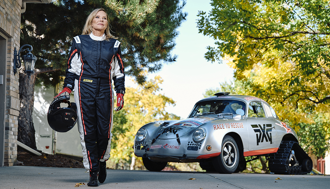 Renée Brinkerhoff, CEO Valkyrie Racing and Valkyrie Gives, with her Polar Porsche (made from a Porsche 356) at her home in Denver, Colorado, Thursday, October 13, 2022. Brinkerhoff has raced on all seven continents and is committed to fighting child trafficking around the world. 