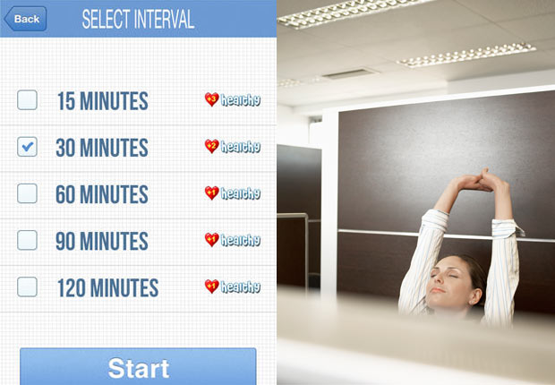 Screenshot from StandApp; woman stretching in office.