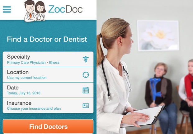 Screenshot from ZocDoc; doctor with patients in waiting room.