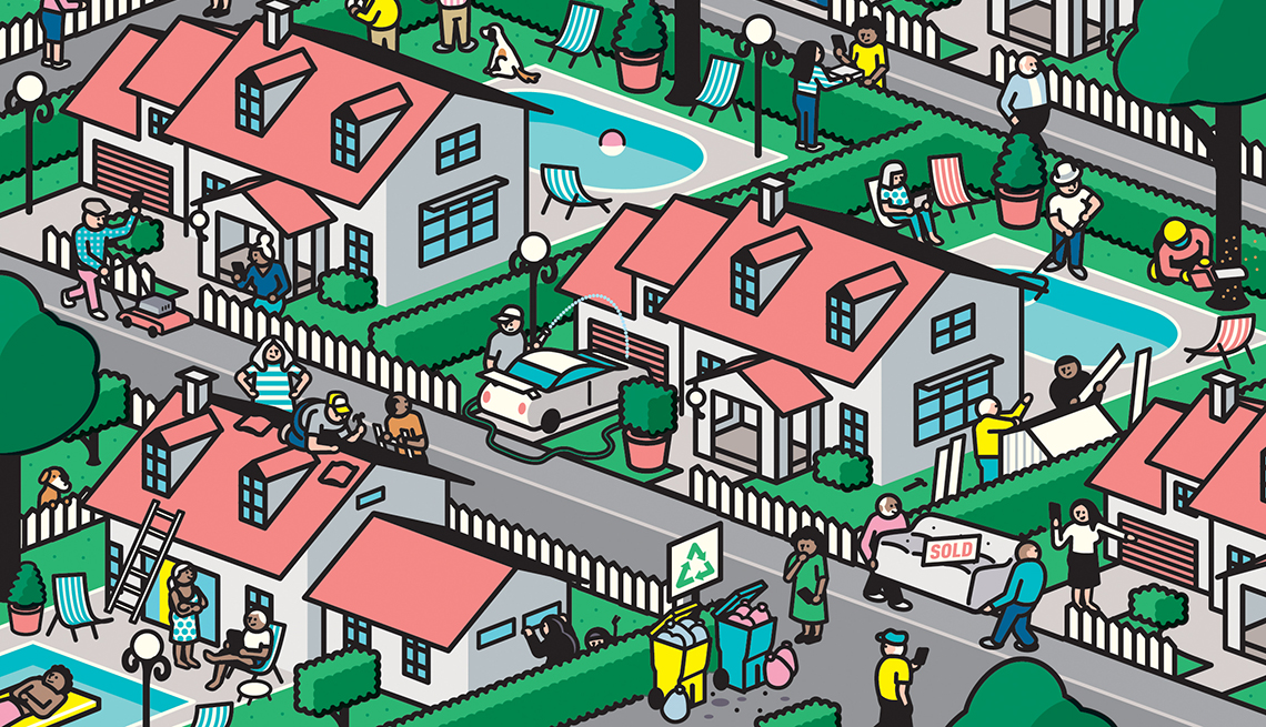 Illustration of a busy residential neighborhood with a lot of people outside doing various things. 