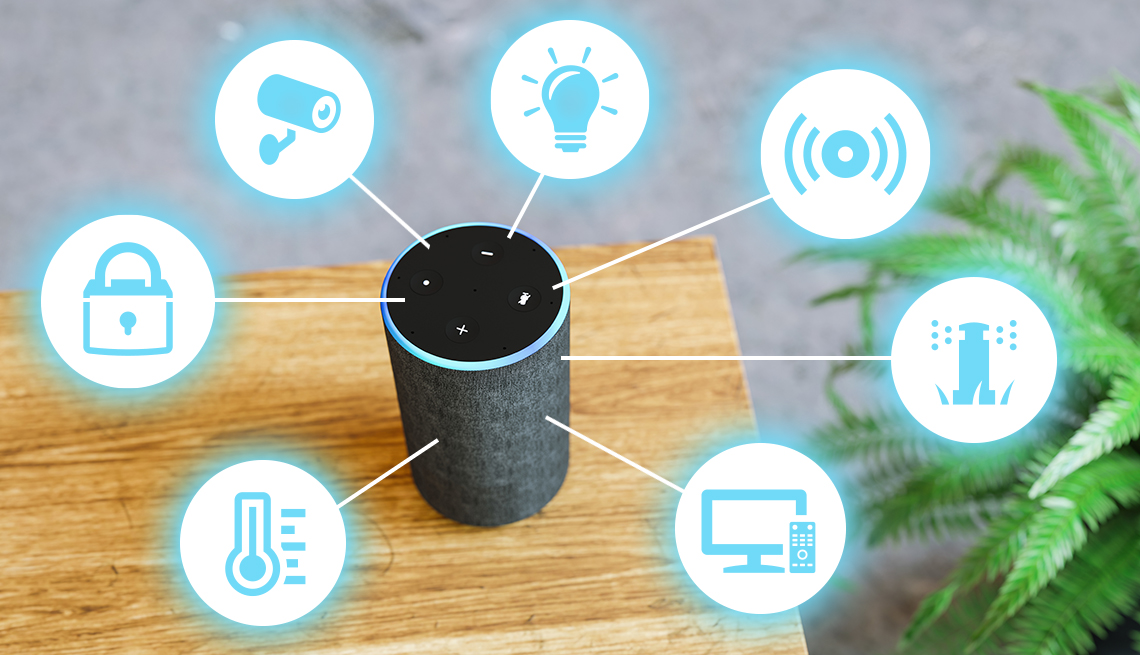 photo of smart speaker top view on a side table in a home. it is surrounded by icons that represent the items it can control such as locks, thermostat, security cameras, lights, audio, sprinkler, and television
