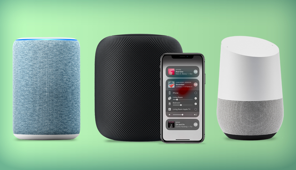 group of three brands of smart speakers. from left to right are shown the amazon echo, the apple home pod with phone controller, and google home speaker.