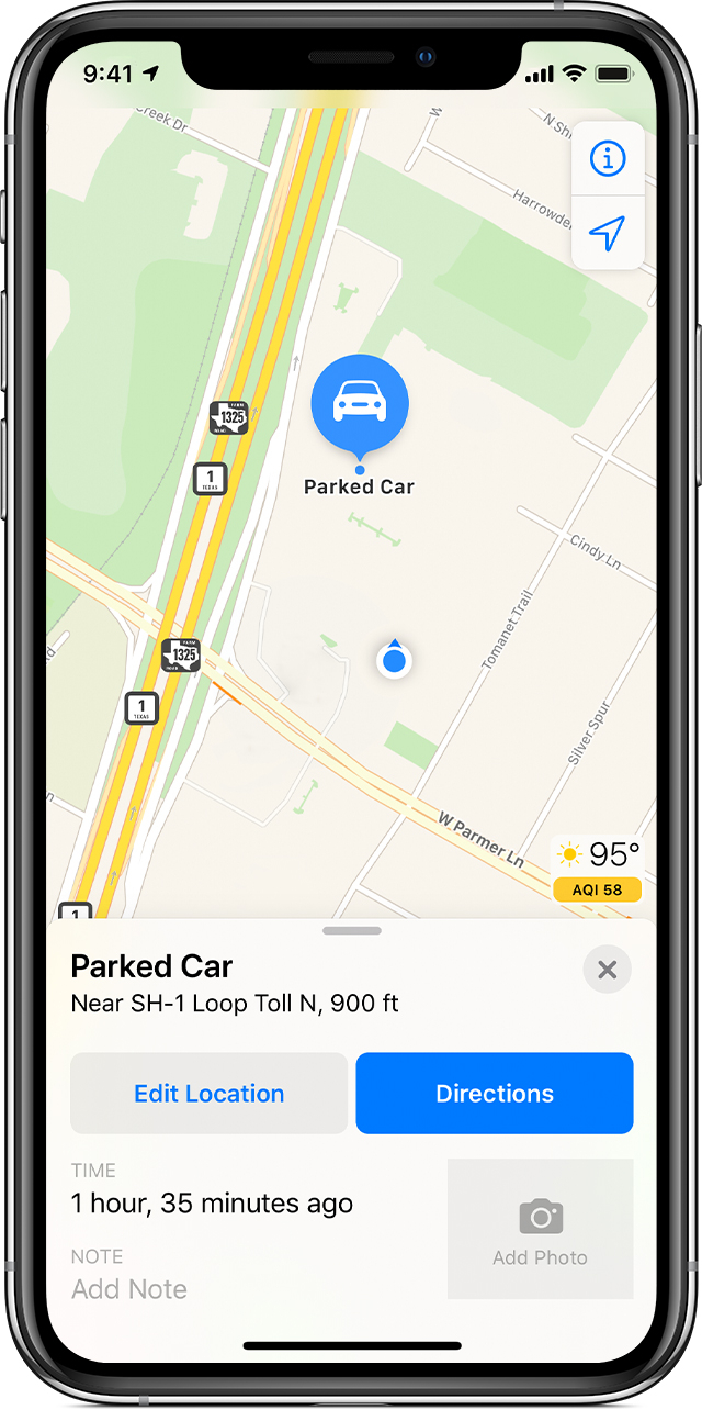 Pantalla del teléfono móvil de un iPhone muestra la función Find Your Car en un mapa