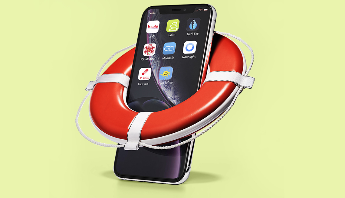 smartphone showing safety apps on its screen and wearing a miniature ring buoy life preserver