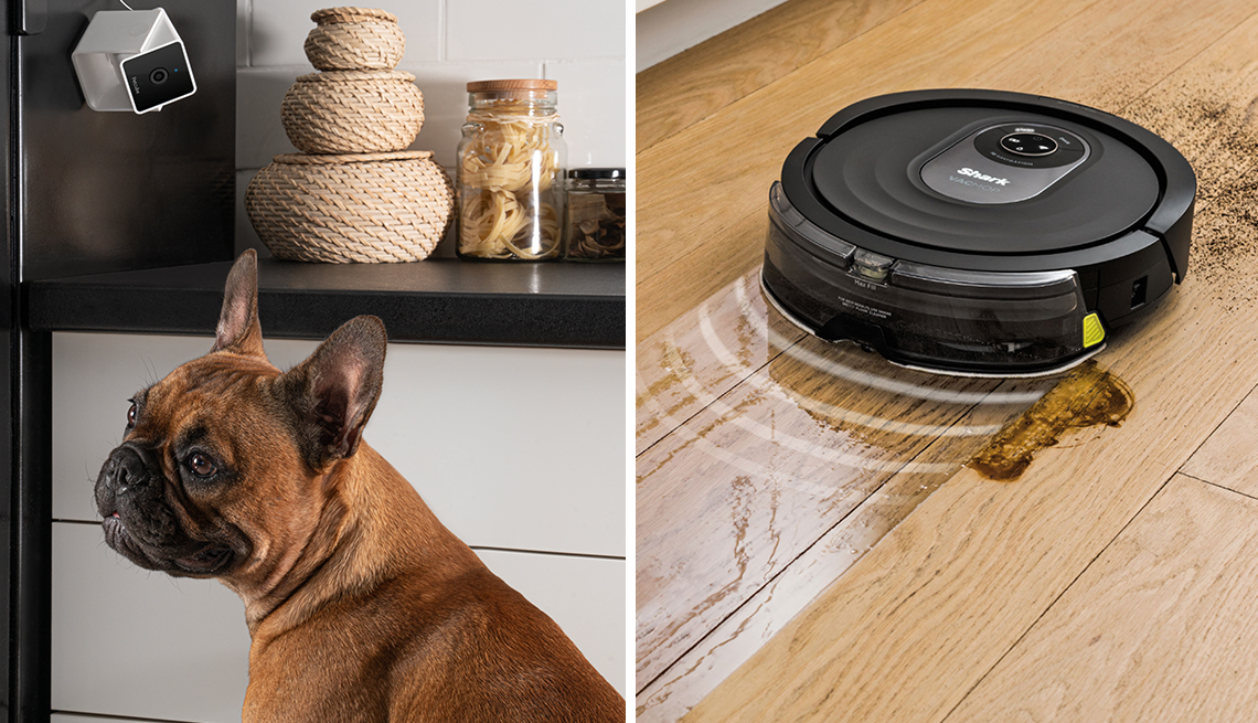 Dos imágenes de productos: una cámara para mascotas y un aspiradora inteligente que también trapea