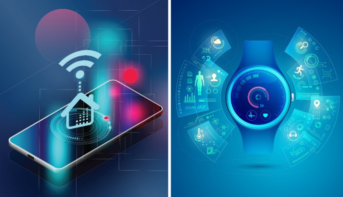 Ilustración de un hogar inteligente y un reloj con funciones de seguimiento de salud Ilustración de un hogar inteligente y un reloj con funciones de seguimiento de salud