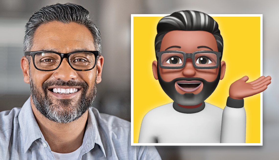 photograph of a man and his digital cartoon from apple called a memoji