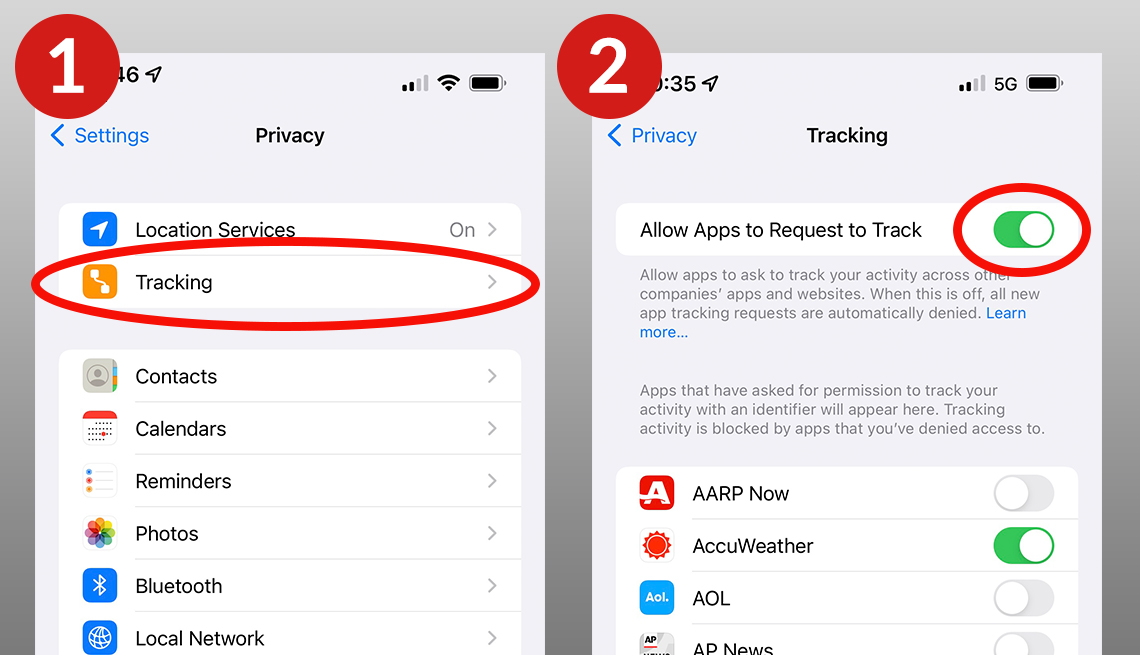 Dos capturas de pantalla de un iPhone que muestran cómo ajustar la configuración de privacidad de las aplicaciones del teléfono