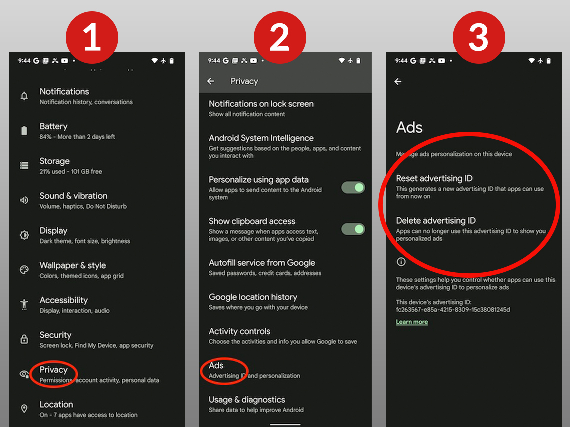 Tres capturas de pantalla de un teléfonos Android que muestran la configuración de privacidad de los anuncios publicitarios