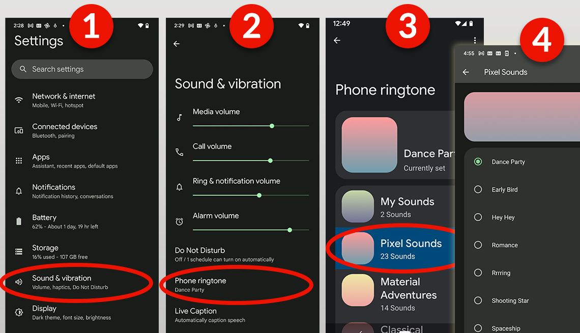 Serie de capturas de pantalla que muestra cómo cambiar el tono de llamada predeterminado en un teléfono Android 