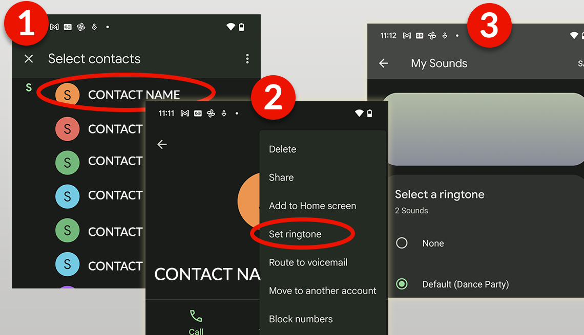 screenshot series showing how to change the ringtone for a particular contact on an android phone by opening the contact and then choosing set ringtone