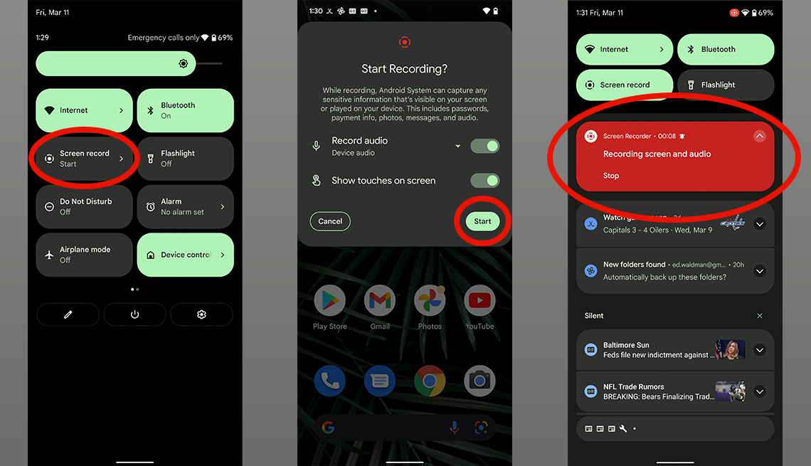 Capturas de pantalla que muestra instrucciones para grabar video desde el dispositivo Android