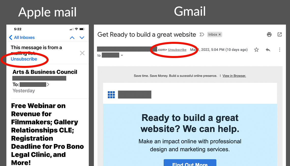 Capturas de pantalla de un correo electrónico de Apple y un mensaje a una cuenta de Gmail