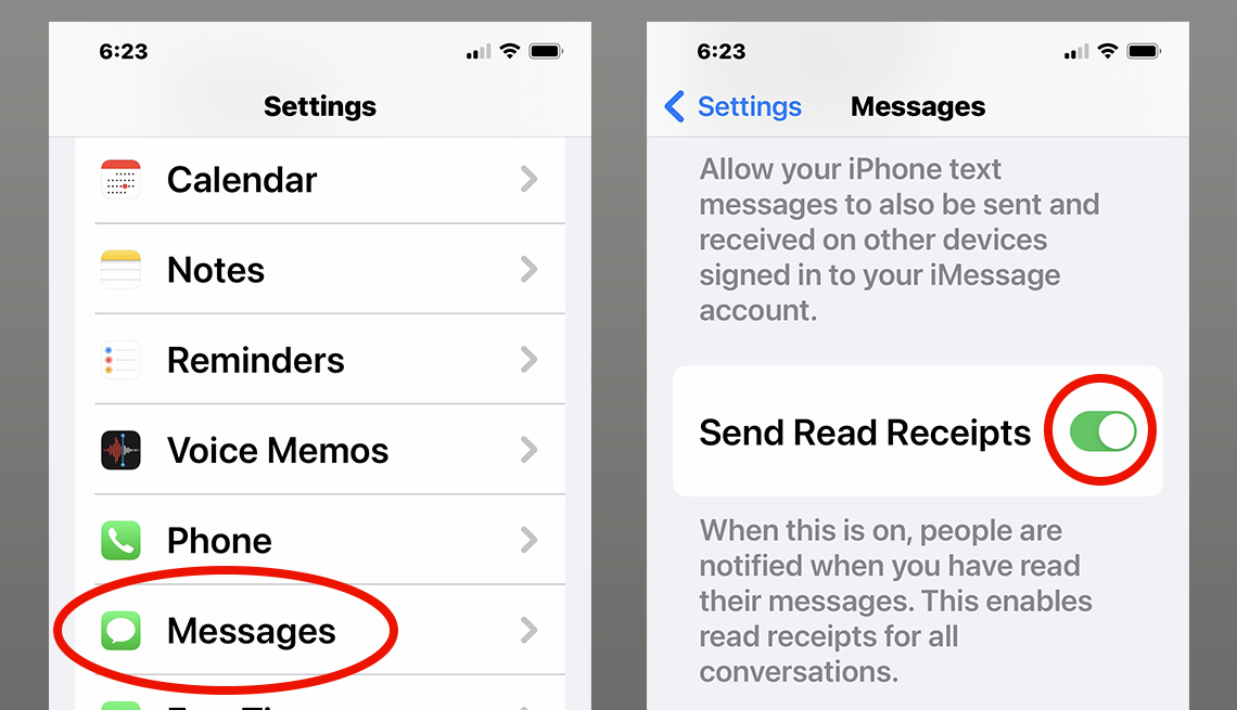 Capturas de pantalla que muestran cómo habilitar la función de confirmación de lectura en iMessage
