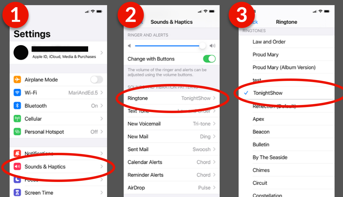 screenshot series showing how to change the default ringtone on an i phone by going to settings then sounds and haptics then ringtone then choosing a different one