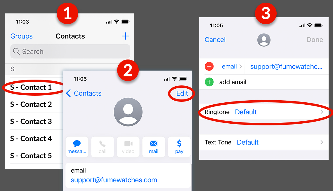 Serie de capturas de pantalla que muestra cómo cambiar el tono de llamada de un contacto en particular en un teléfono iPhone