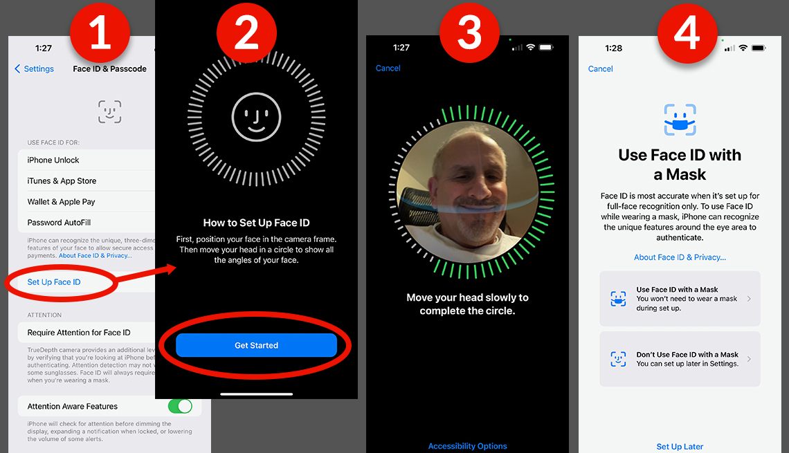 group of screenshots that show how to set up facial recognition on an iphone