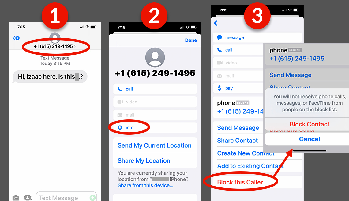 three screenshot steps showing how to block a caller or texter