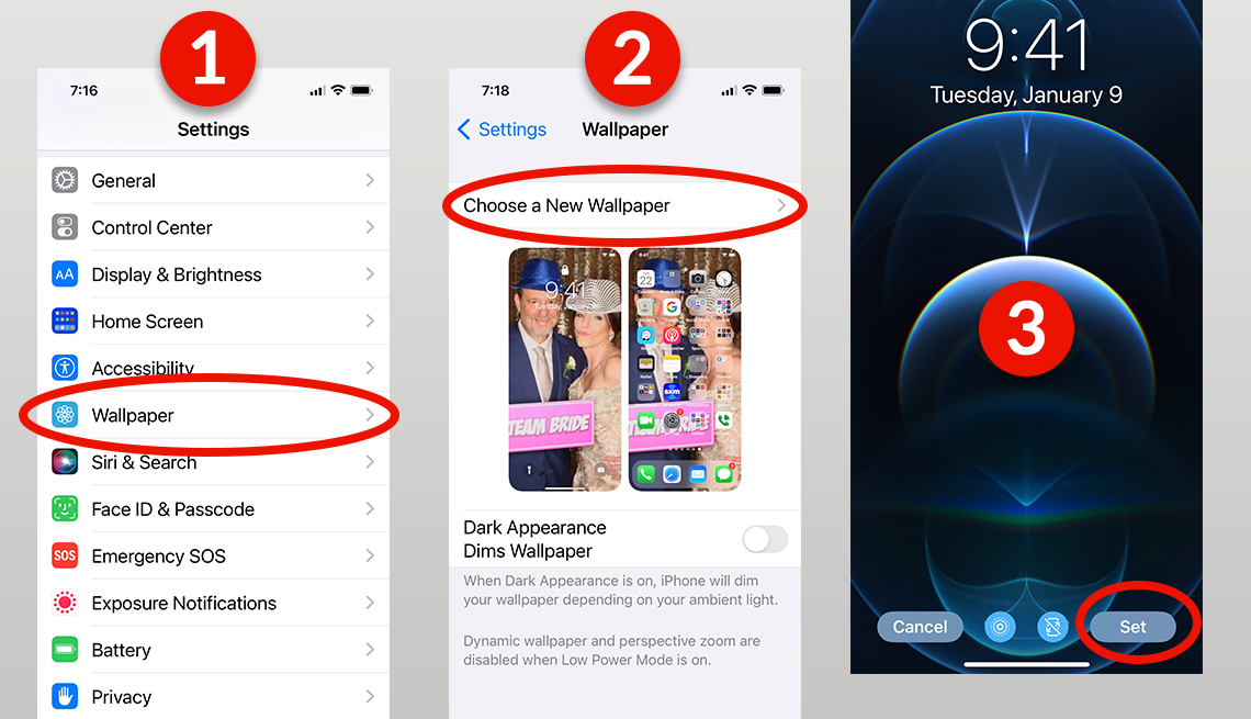 steps showing how to change wallpaper on an iphone