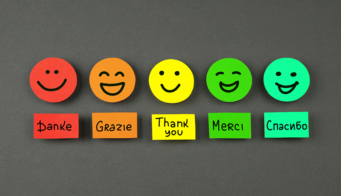 Íconos de caritas sonrientes acompañados de la frase 'gracias' en varios idiomas