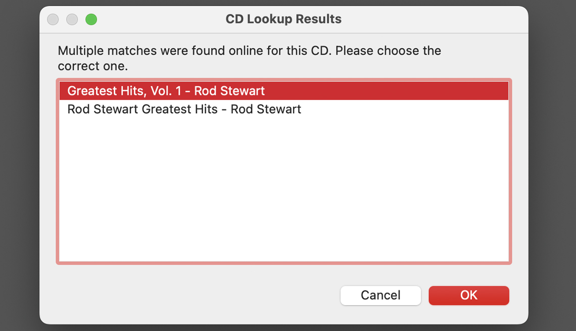 Captura de pantalla de una búsqueda de CDs en un computador Mac