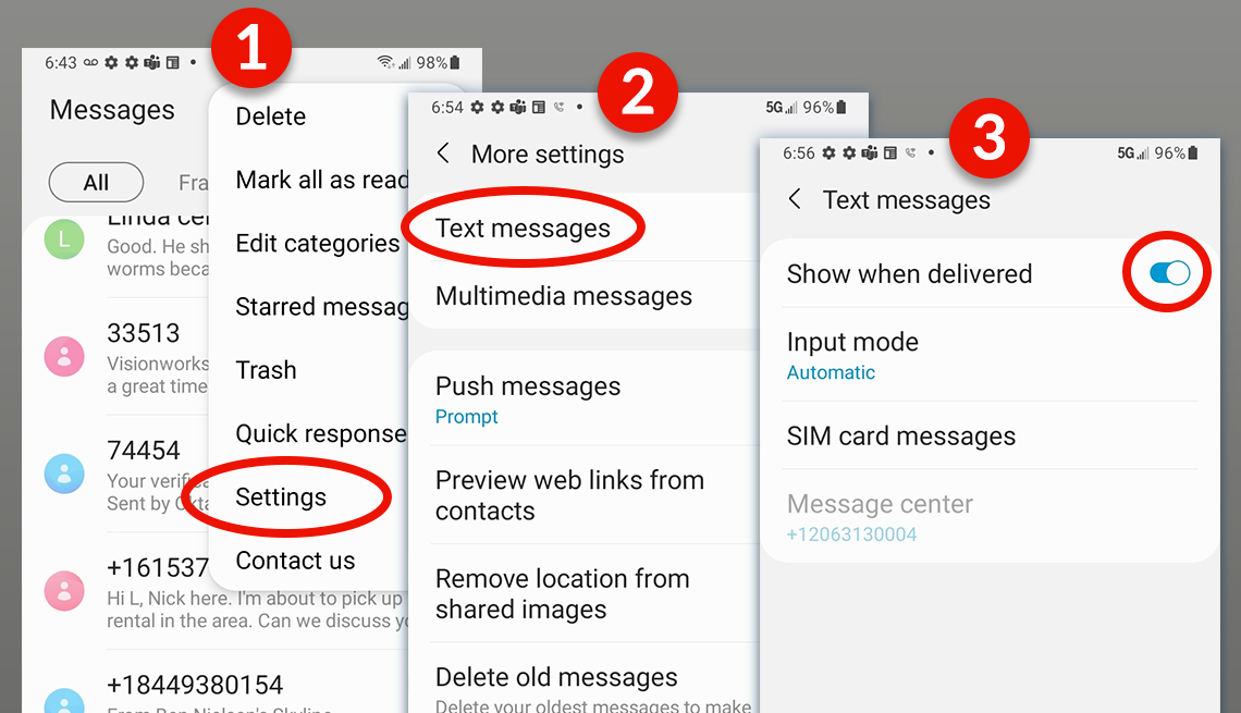 screenshots showing the samsung user how to enable their 'show when delivered' function for text messages