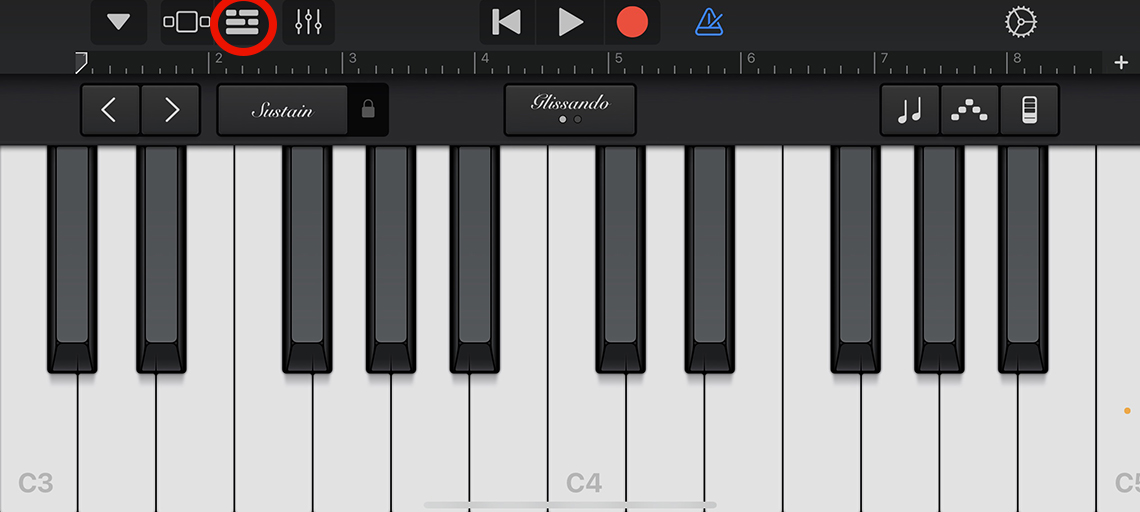 screenshot of the piano keyboard in garage band app with the edit icon circled