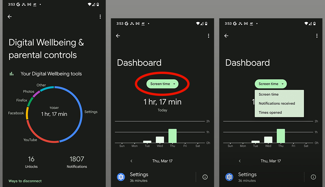Capturas de pantalla de un teléfono Píxel de Google que muestran cómo monitorear y regular el tiempo de pantalla
