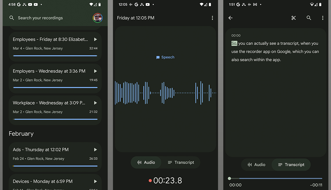 Capturas de pantalla de grabaciones de voz en un dispositivo Android