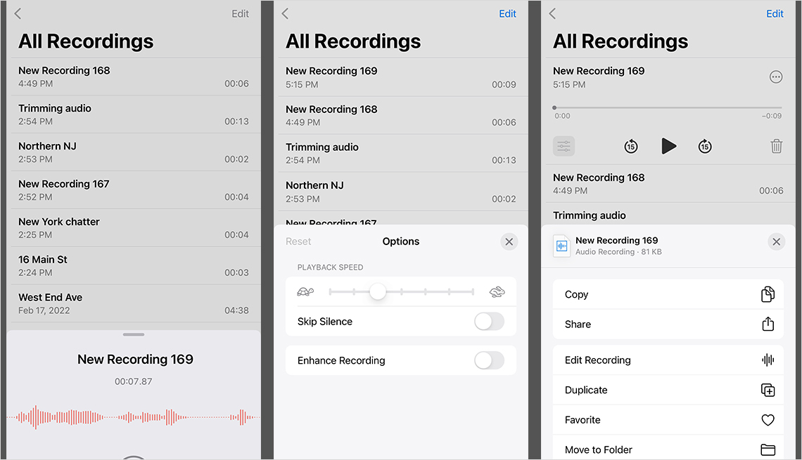 Capturas de pantalla de grabaciones de voz en un iPhone
