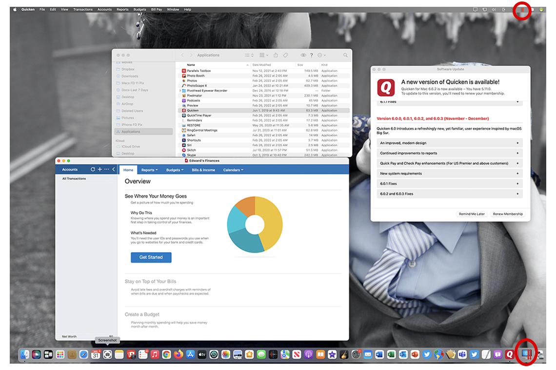 parallels confluence running on a mac desktop with the active icons circled
