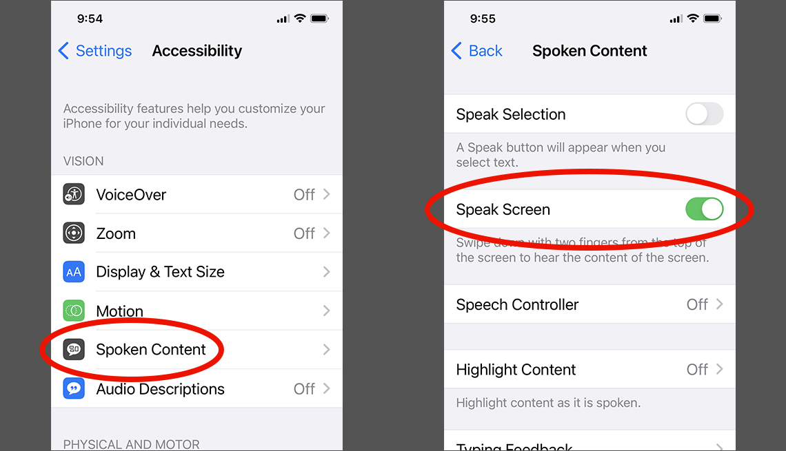 Dos capturas de pantalla de la configuración del contenido hablado para iPhone