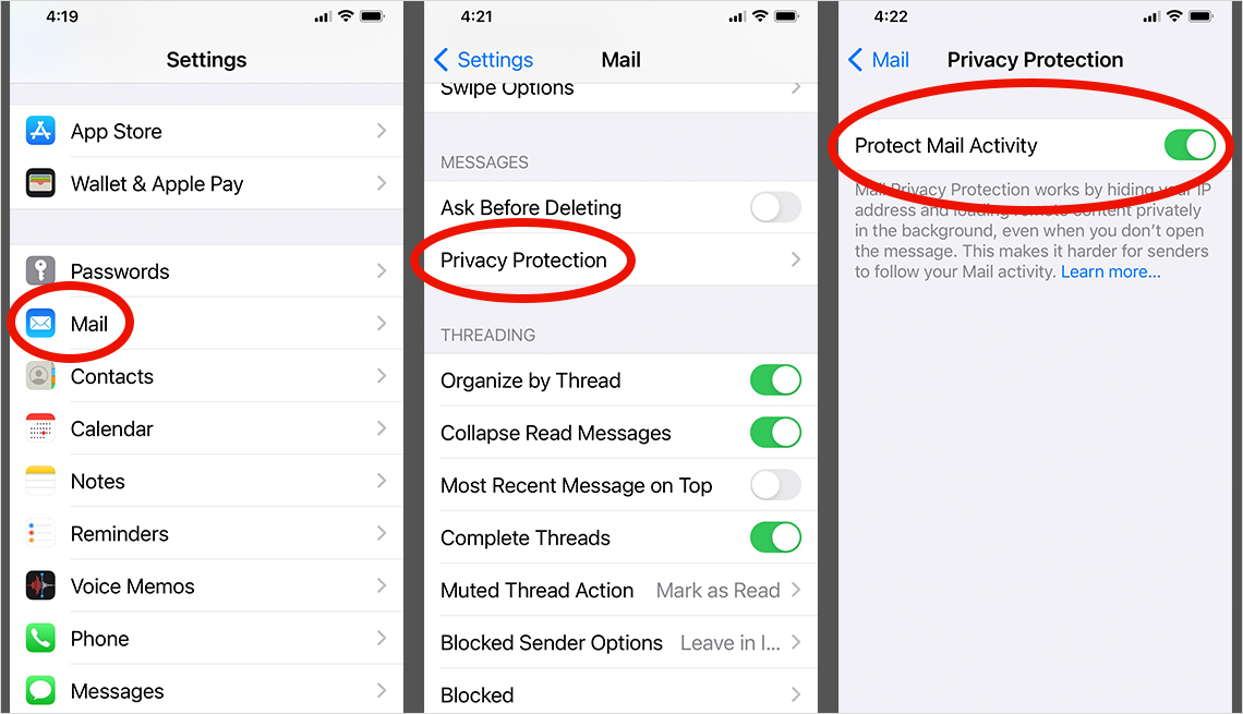 Capturas de pantalla que muestran cómo activar la protección de privacidad para el correo electrónico en el iPhone
