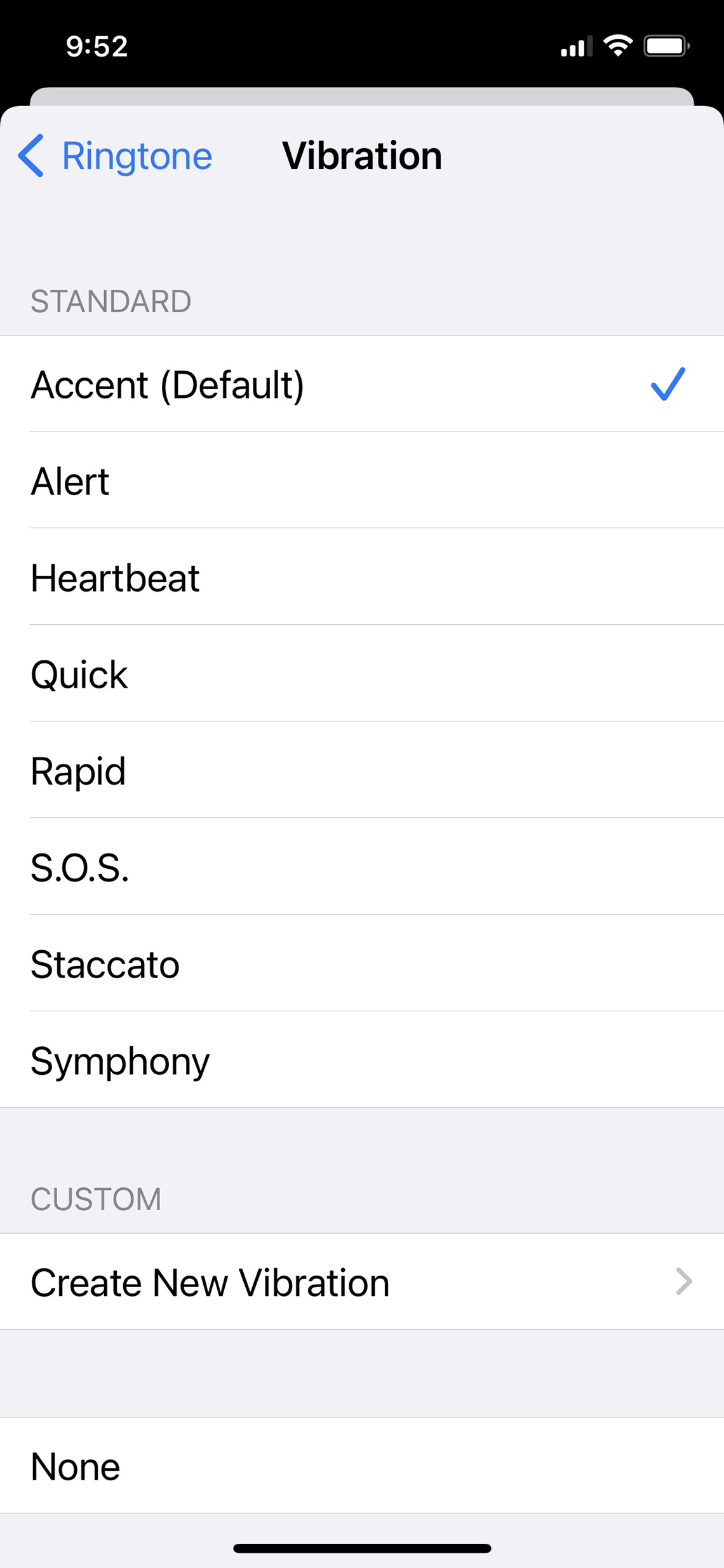 a screenshot of editing the vibration ringtone settings on iphone