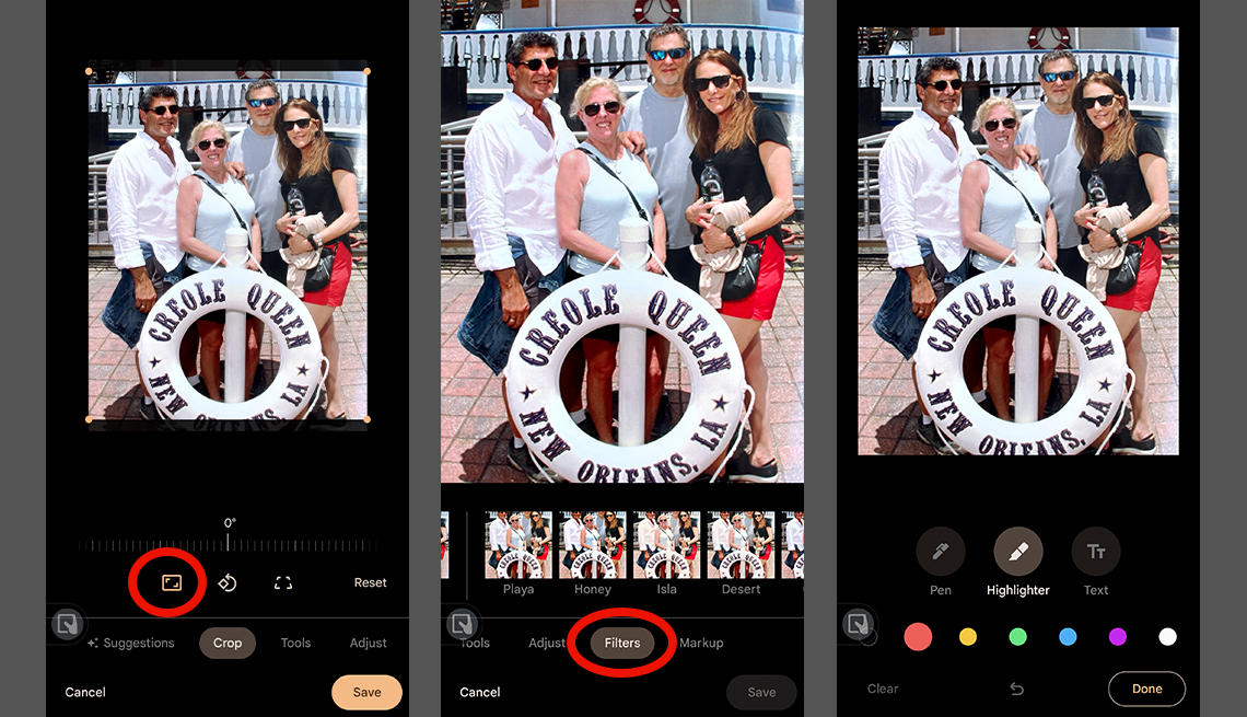 Tres capturas de pantalla de Android que muestran los filtros de recorte y las herramientas de marcado