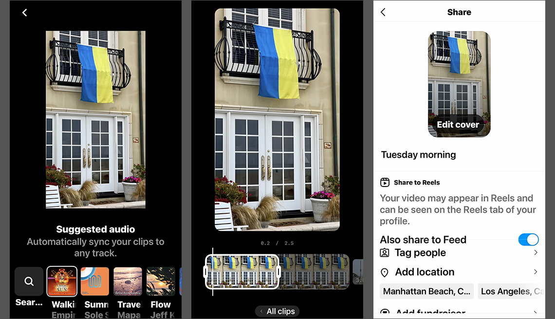 Capturas de pantalla que muestran cómo hacer una presentación de diapositivas en instagram