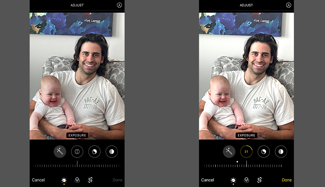 Dos capturas de pantalla de una foto que muestra los controles de ajuste de exposición a la luz en un iPhone