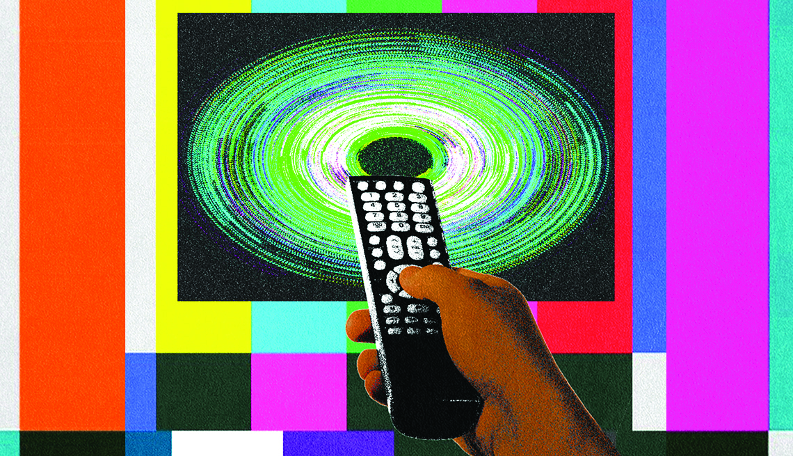stylized photo illustration of a hand with tv remote pointed at a tv with special effects