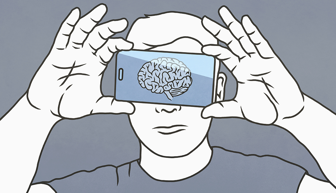 an illustration in which a man holds up a smartphone displaying a brain