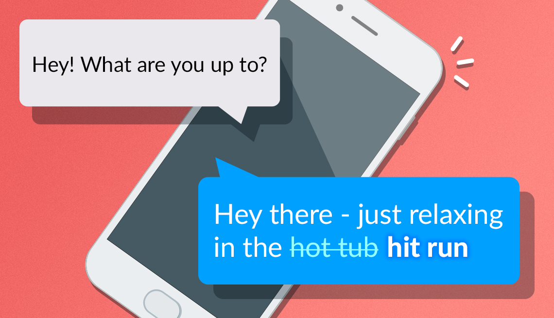 an illustration of a phone with word bubbles representing a text exchange in which one person's auto correct replaces hot tub with hit run