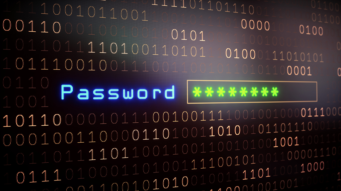 the word password in blue next to an input field showing green asterisks over background showing zeros and ones