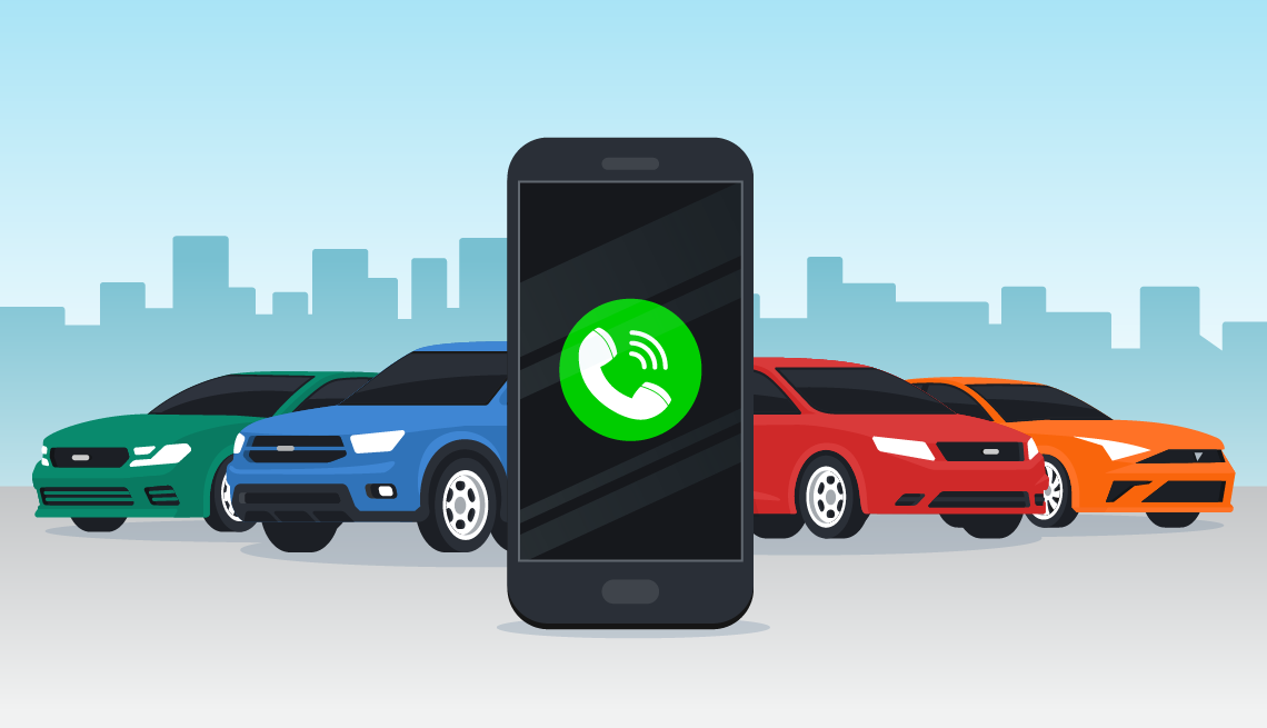 Ilustración que muestra un teléfono con el ícono de llamada rodeado de autos de diferentes colores
