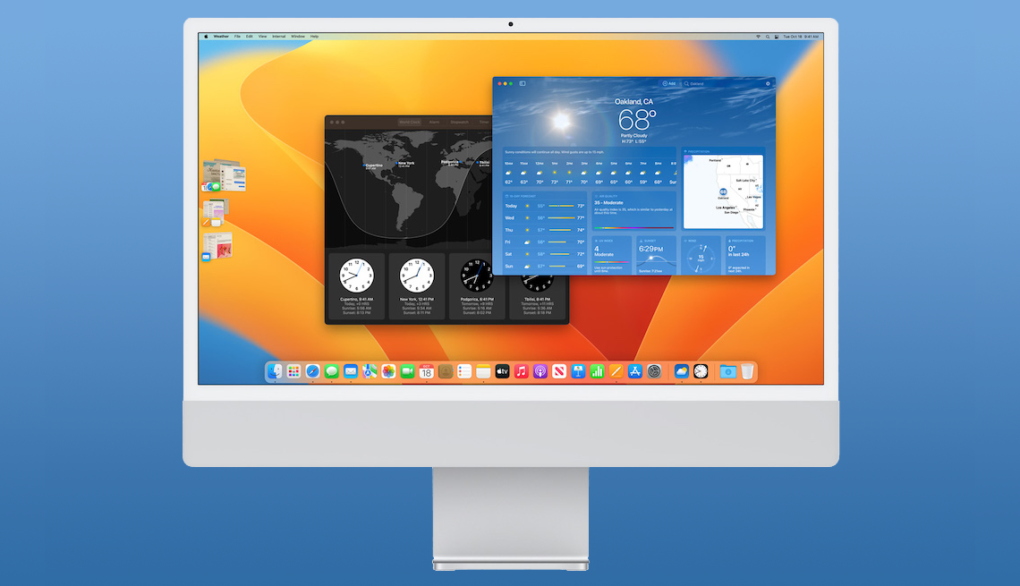 Una computadora Apple que muestra aplicaciones meteorológicas y de reloj mundial