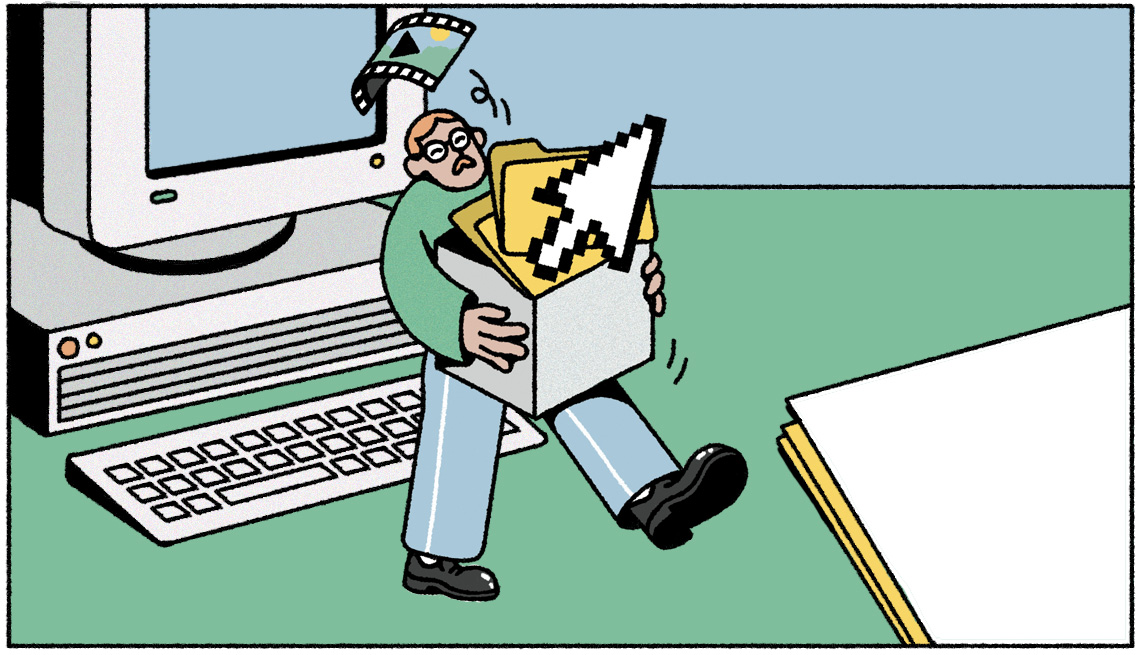 una ilustración muestra a un hombre moviendo documentos frente a una computadora de escritorio