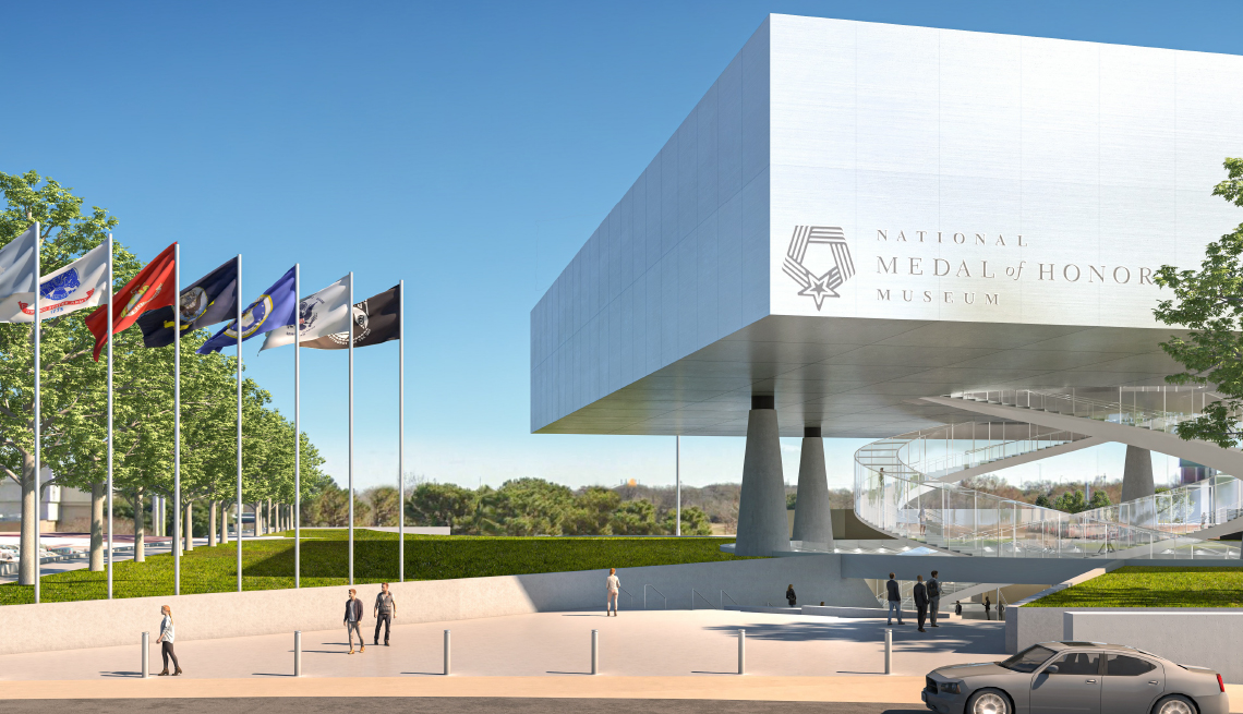 architect rendering of the future national medal of honor museum in arlington texas showing a view of the building from the street outside