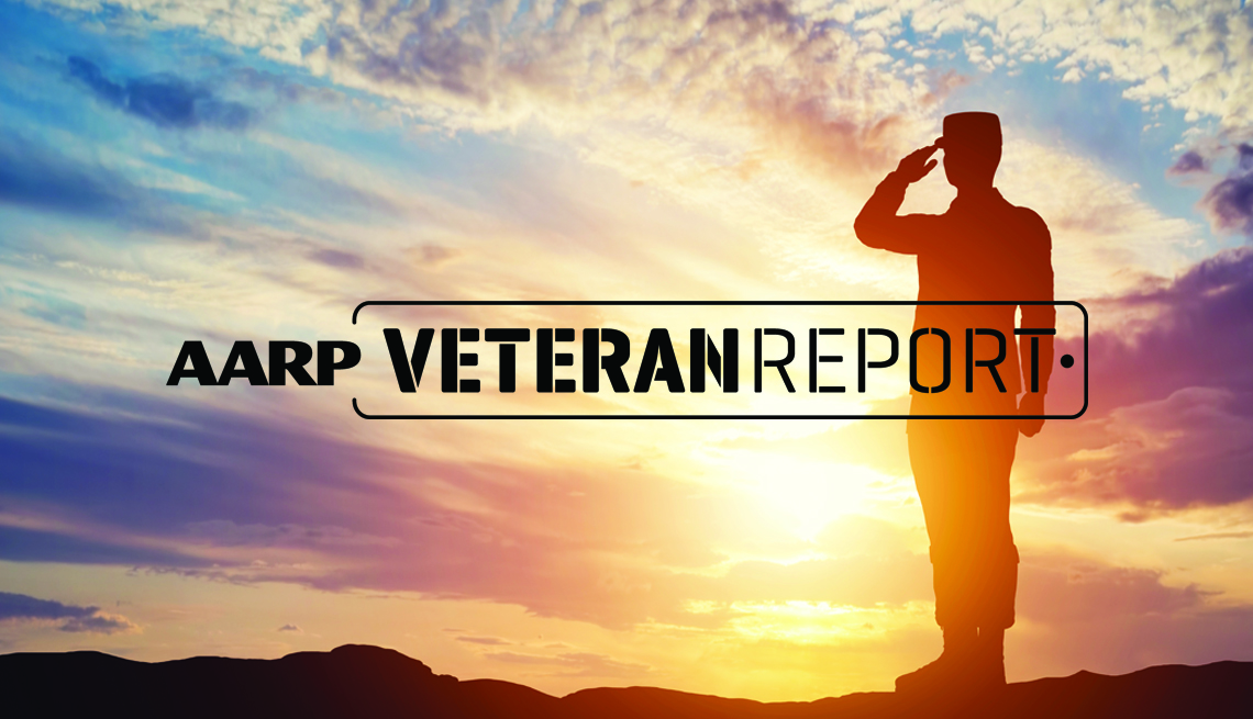 a person is saluting in the sunset with aarp veteran report on he image