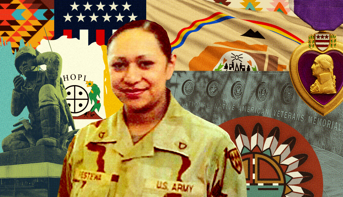 a collage of various symbols of native americans and american military