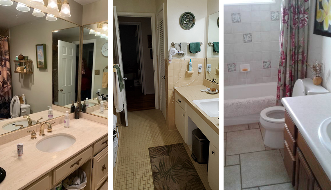 Tres fotos de baños anticuados con detalles dorados, mostradores antiguos, inodoros bajos y mal uso del espacio